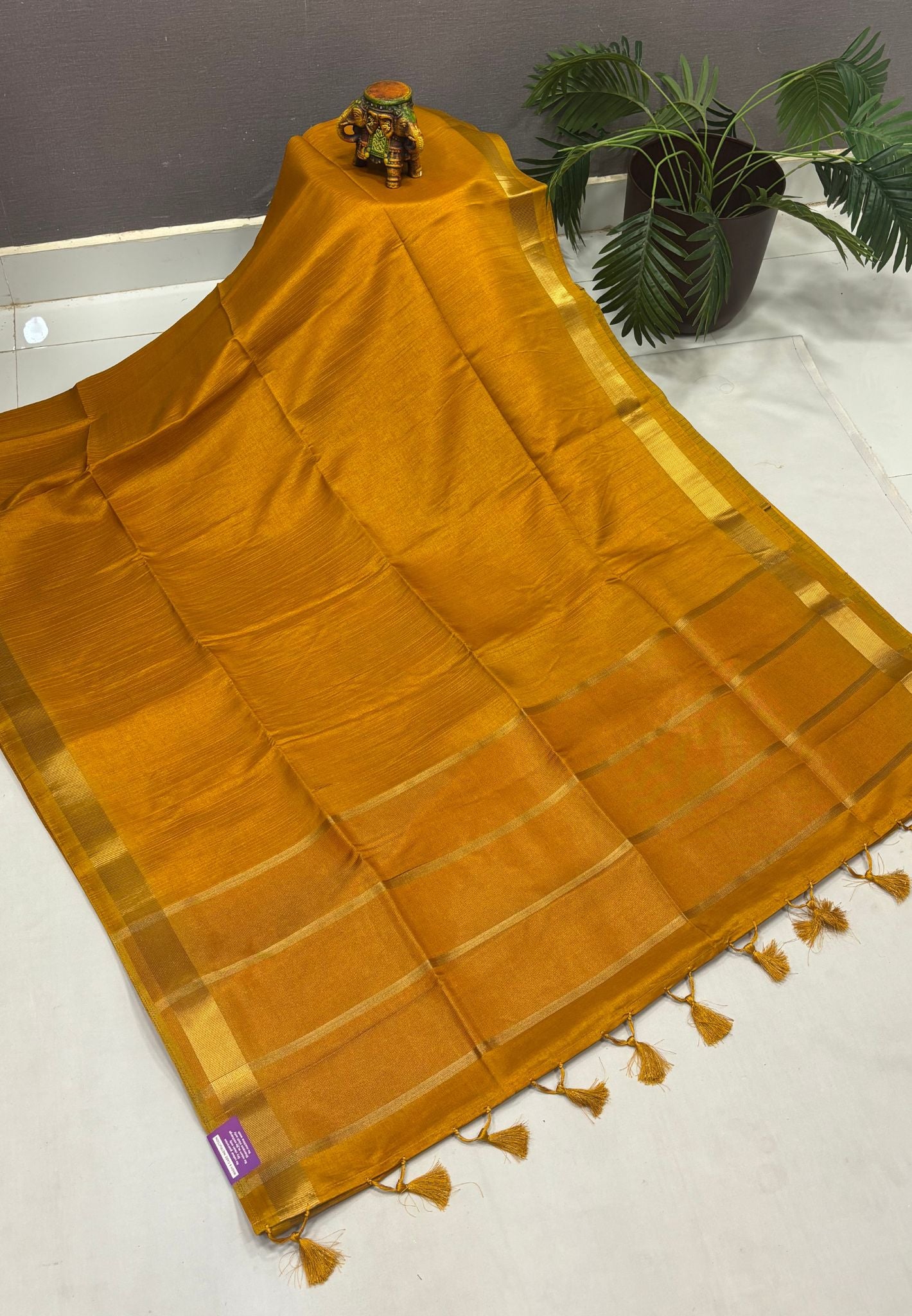 Matka Tussar Saree-Elegant Handwoven Saree with Mustrd  in  Fine Zari Stripes