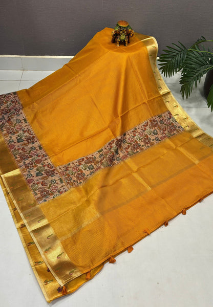 Silk Kota Saree-Mustard In Kalamkari Embroidery Border