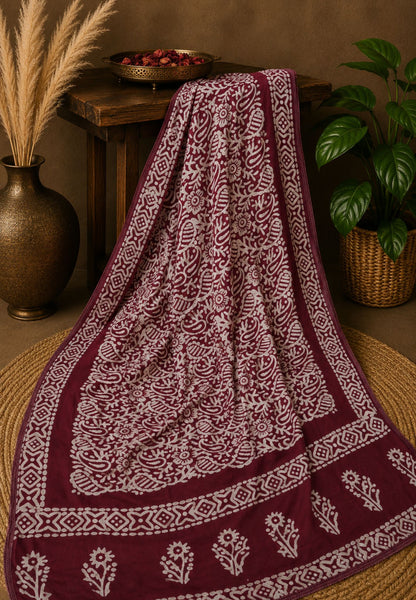 Batik Tussar Saree-Maroon with Batik Print
