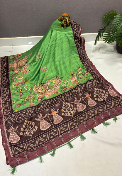 Dola Saree-Green In Figurative Tribal Motif Border