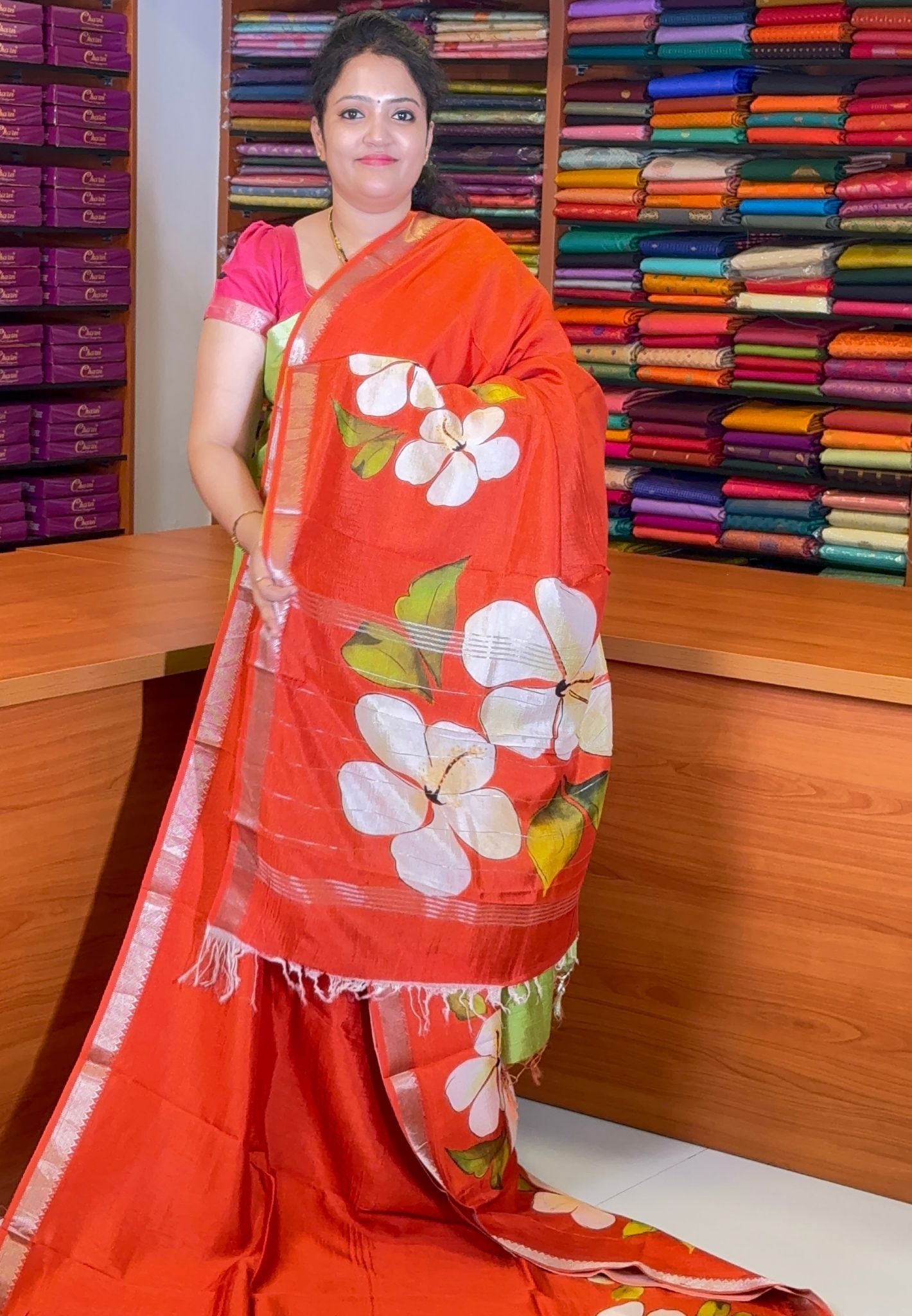 Pure Mangalgiri Silk Saree-Rust Orange in Floral Print with Small Border