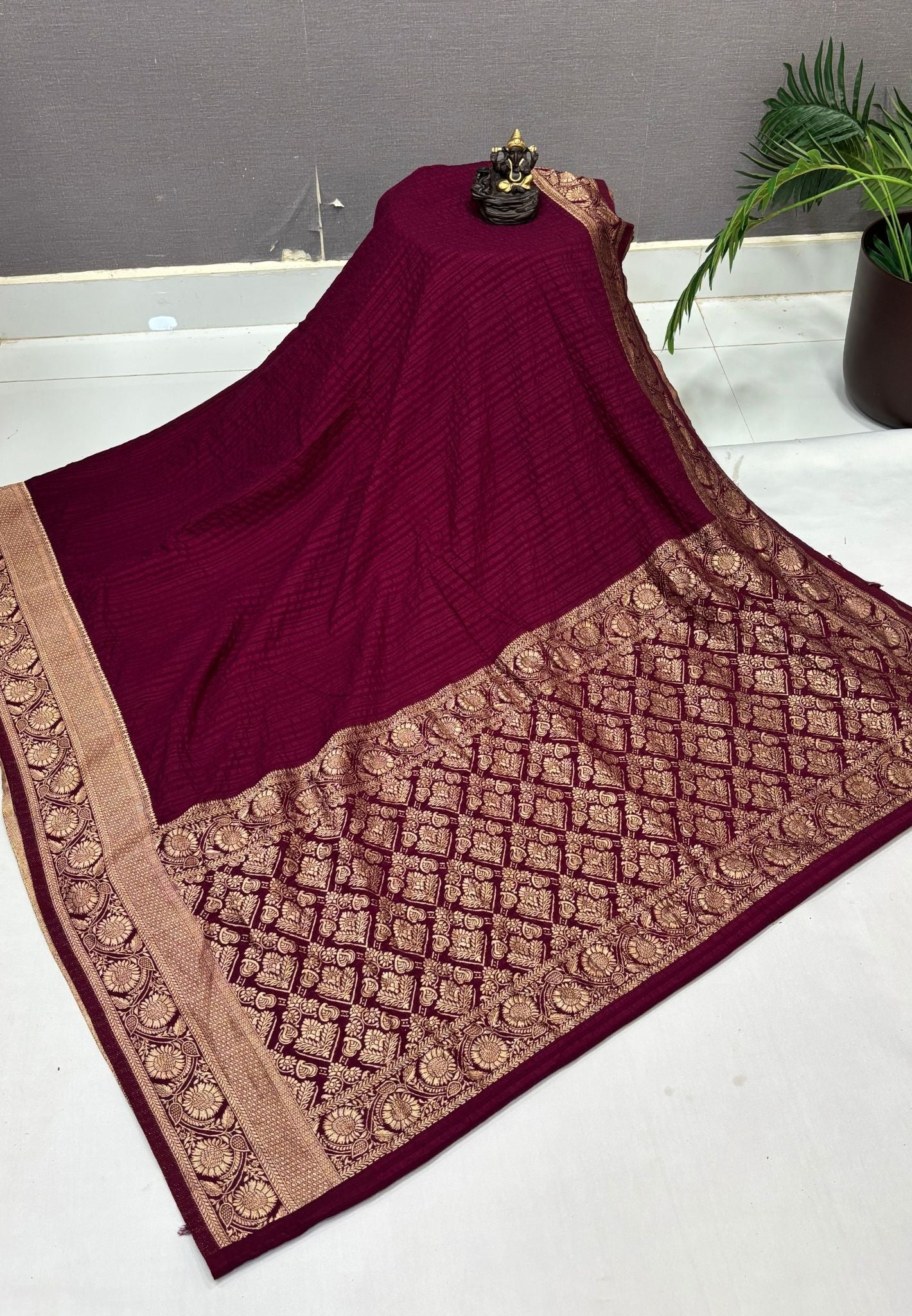 Banarasi Georgette Saree-Wine In Floral Jaal Zari Border