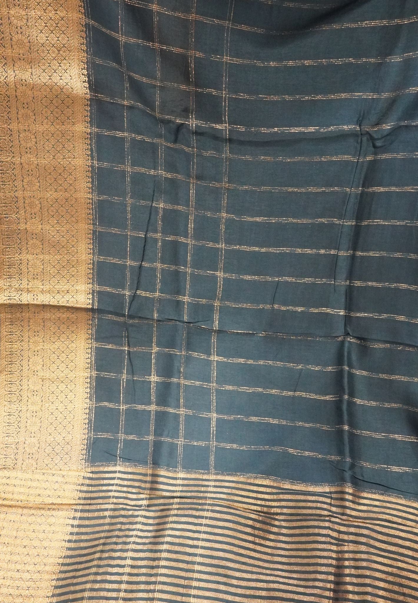 Viscose Silk Saree-Peacock Blue in checkered Pattern