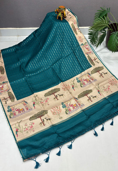 Semi Tussar Saree-Peacock Green in Vanam Kalamkari Border