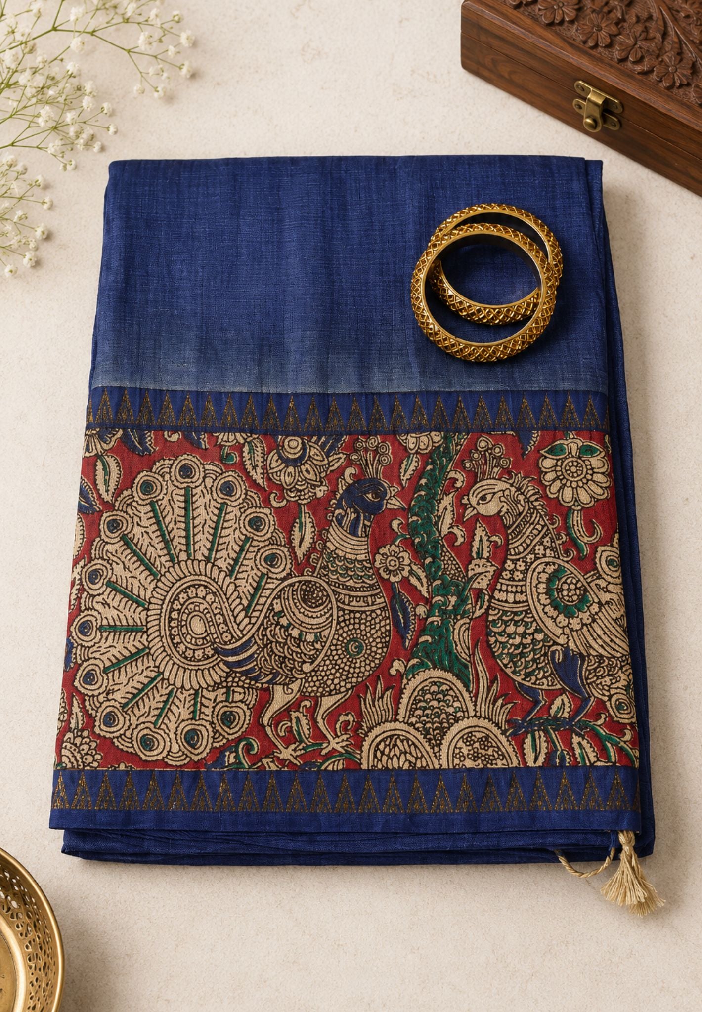 Kalamkari Silk Saree - Dark Blue