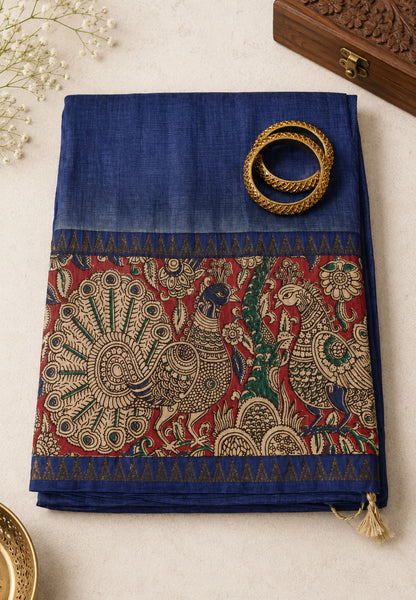 Kalamkari Silk Saree - Dark Blue