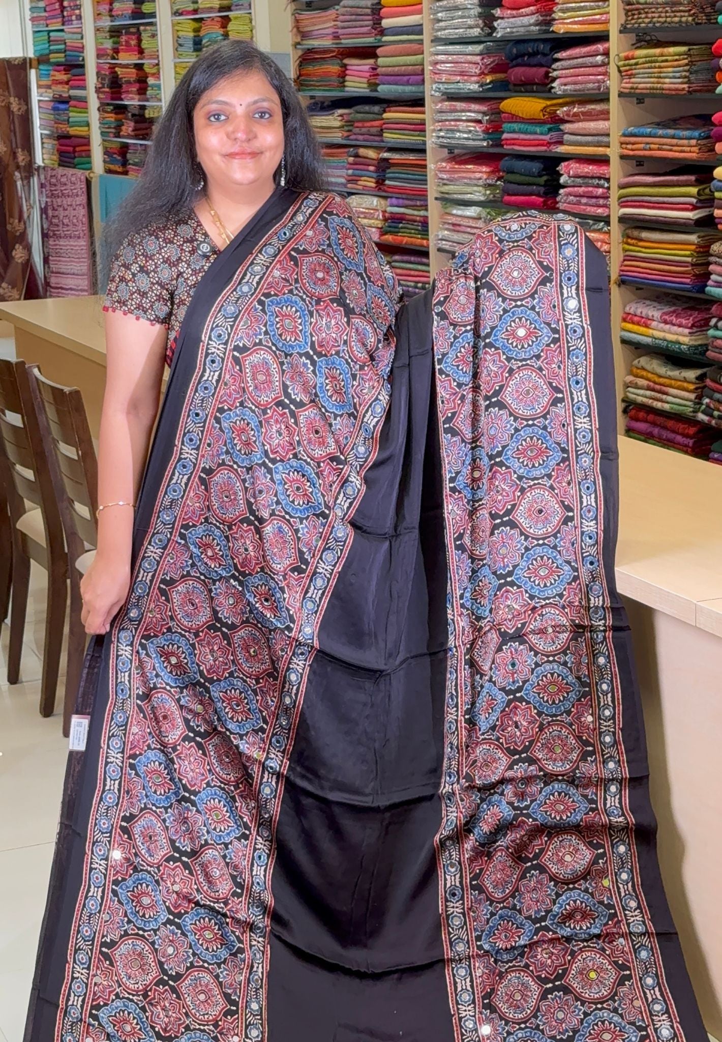Pure Modal Silk Saree-Original Mirror Work &Traditional Printed Motifs - Black with blue