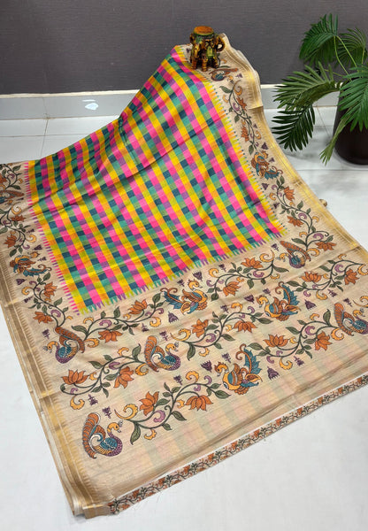 Semi Tussar Saree-Pink in Madras Checks with Peacock Floral Border