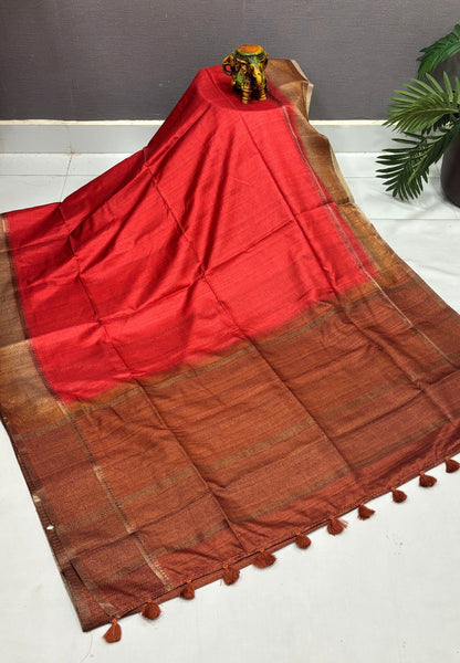 Matka Tussar Saree-Red in Classic Striped Zari with Contrast Border