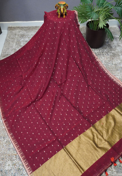 Handloom Cotton Saree-Maroon With Delicate Woven Buttas