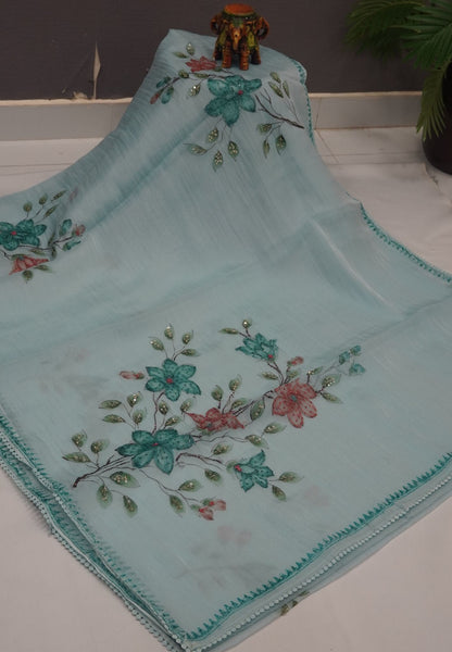 Crush Organza Saree-Sky Blue with French Knot