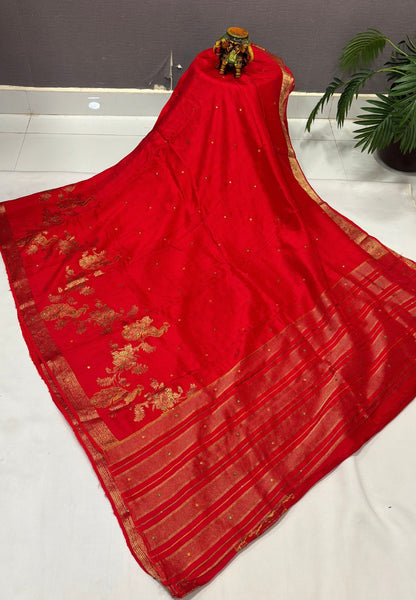 Viscose Saree-Red In Peacock Motif Border