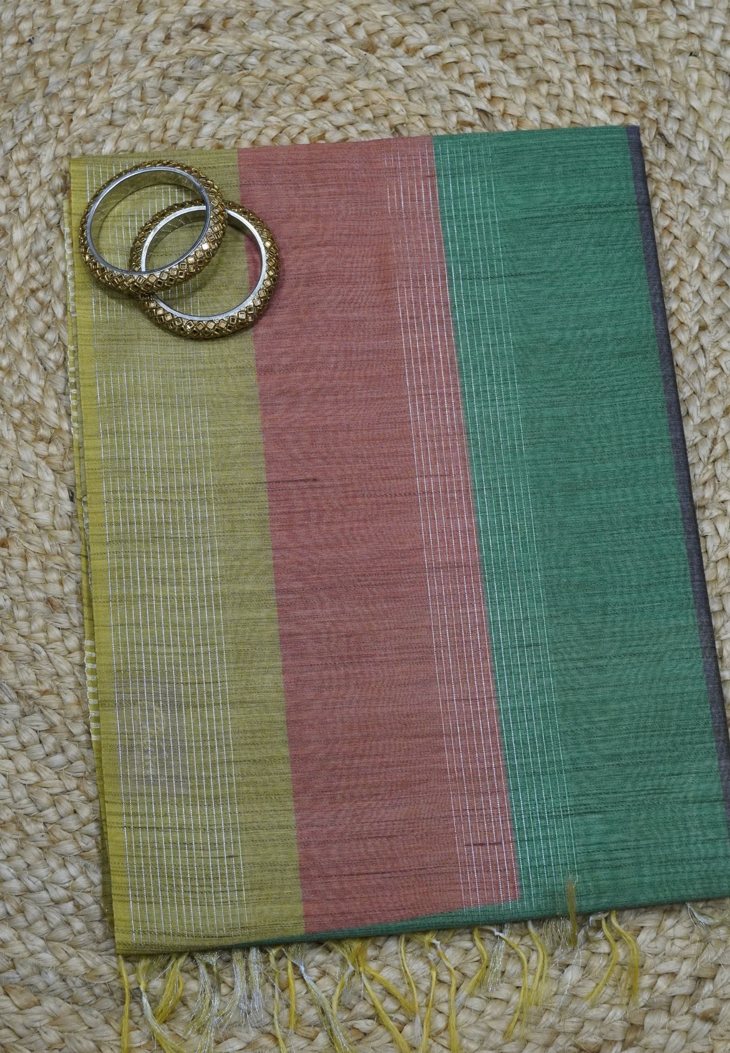 Semi Linen Saree - Multi Shade Green
