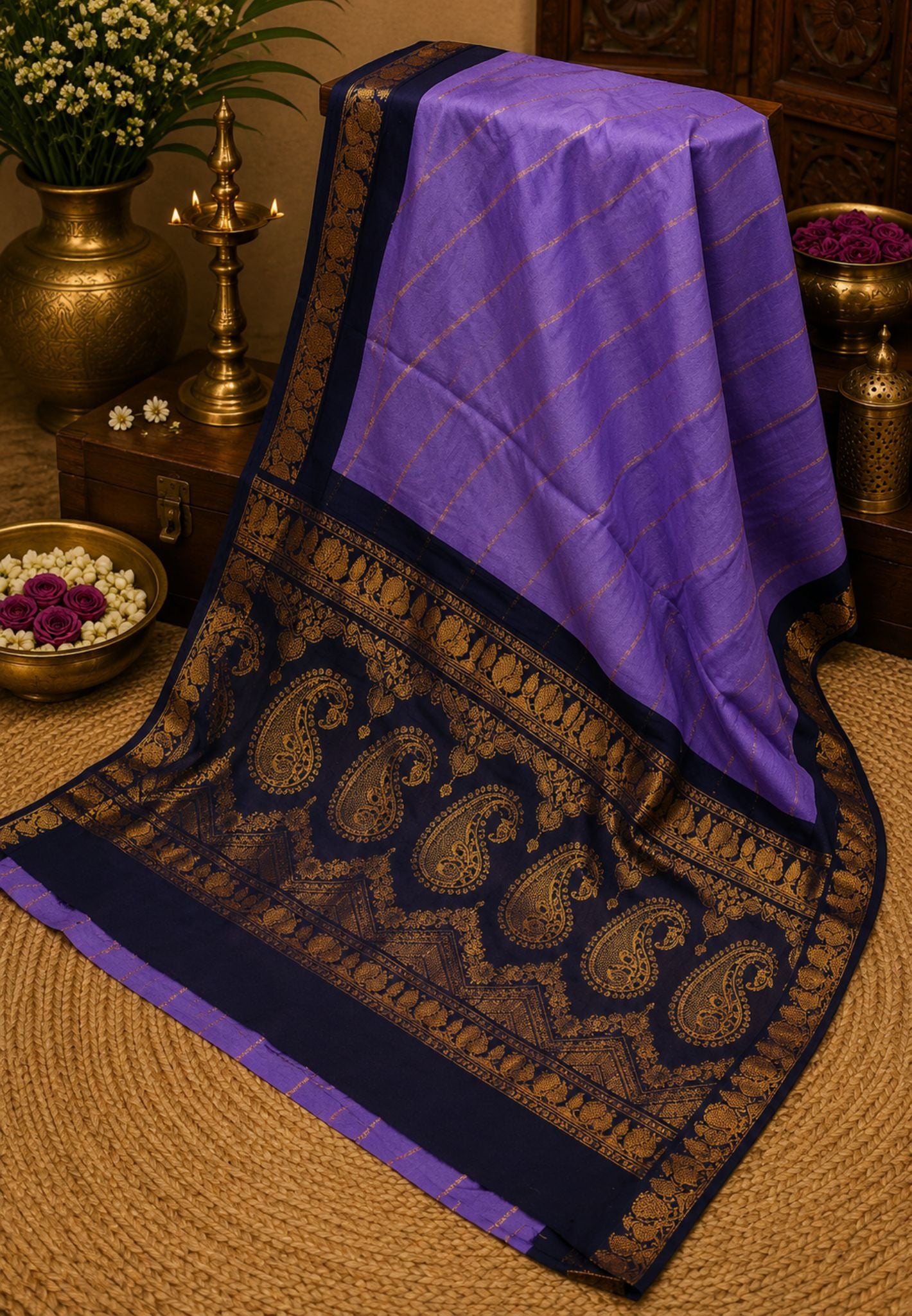 Sungudi Cotton Saree-Lavender with Veldhari Pattern & Rich Pallu