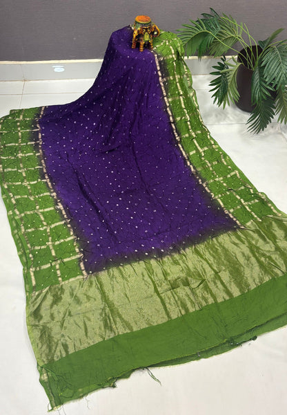 Banarasi Bandeji Saree-Violet in Zari Checks with Contrast Border