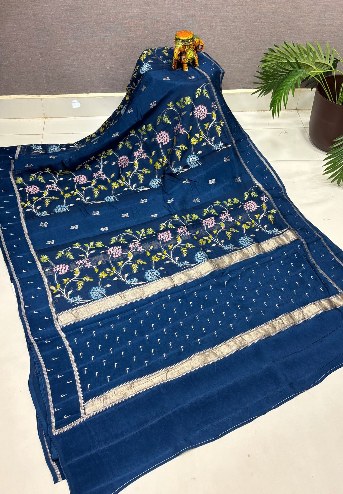 Satin Organza Saree-Peacock Blue In Paithani Floral Zari Border