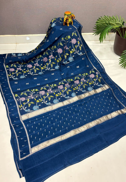 Satin Organza Saree-Peacock Blue In Paithani Floral Zari Border