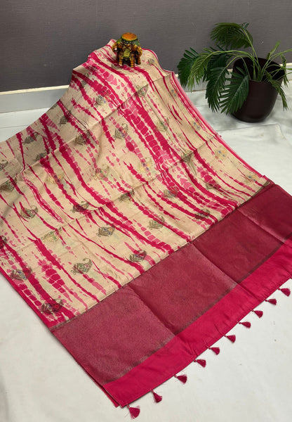 Tussar Saree-Pink in Leheriya Manga Motif Border
