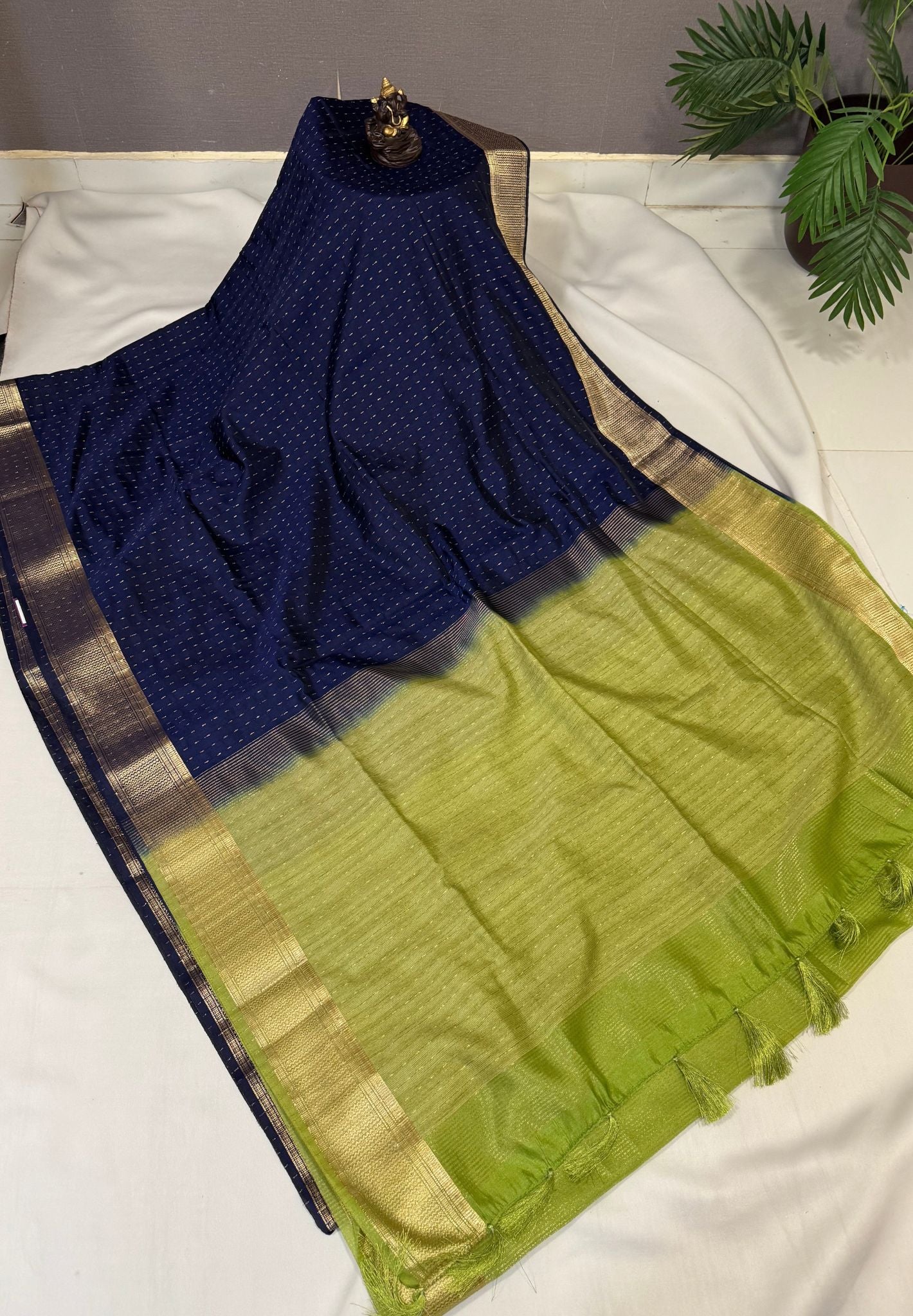 Semi Tussar Saree-Navy Blue with Zari Lines