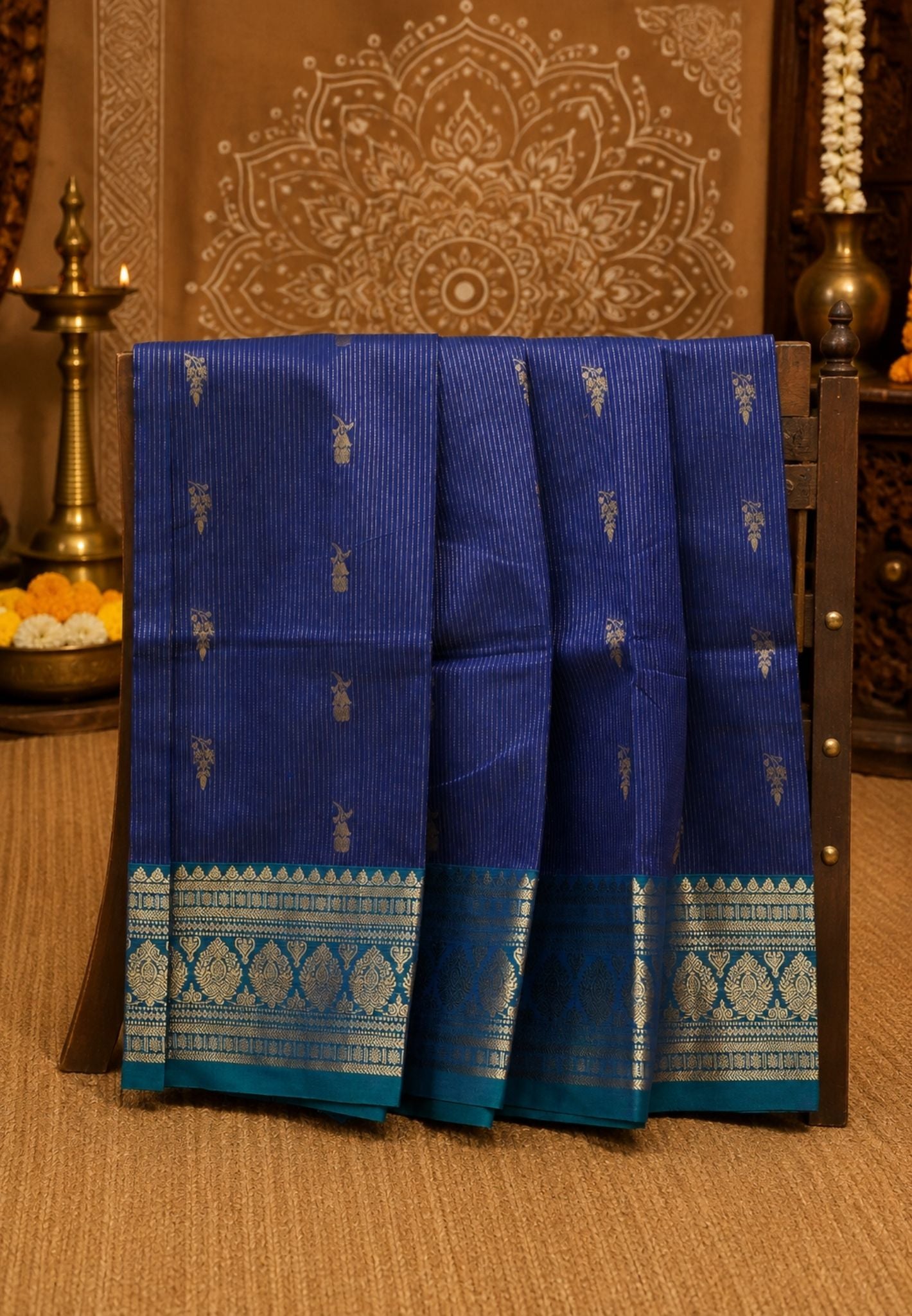 Chettinad Cotton Saree–Navy Blue Vairaoosi