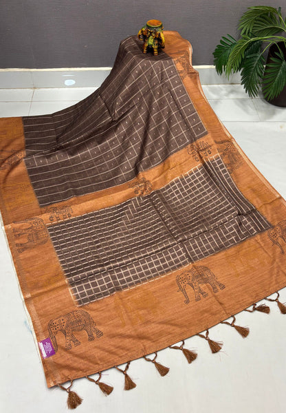 Semi Tussar Saree-Brown in Traditional Elephant Motif Zari with Contrast Border