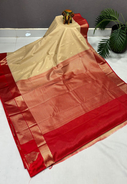 Budget Kanchipuram Saree-Cream with Contrast Border
