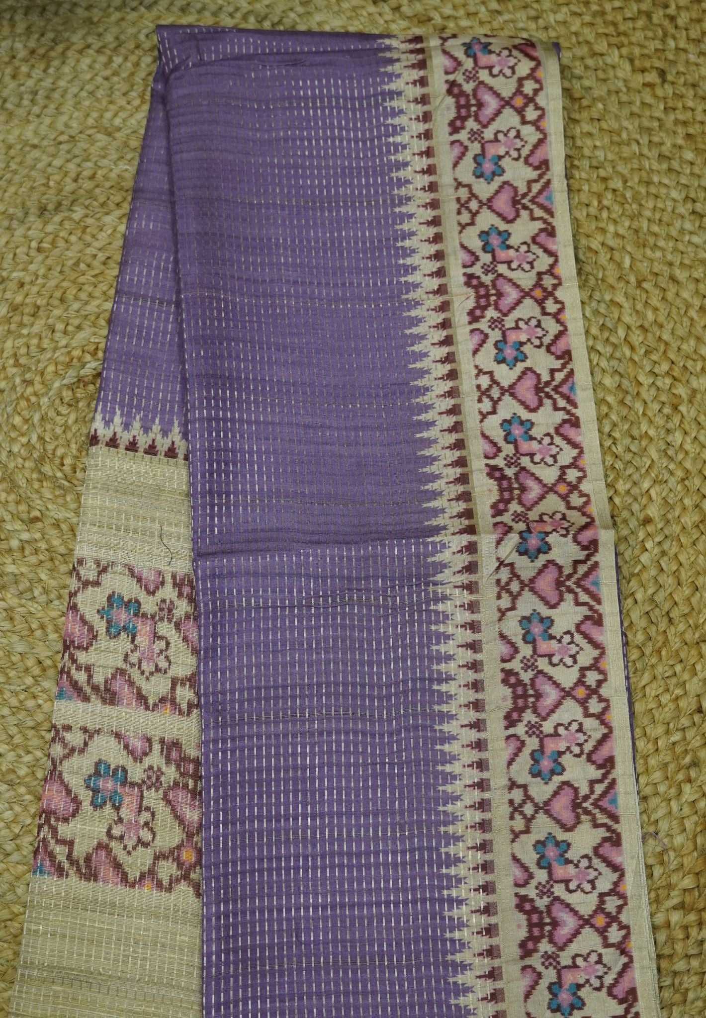 Semi Tussar Saree -Purple with Ikkat Border
