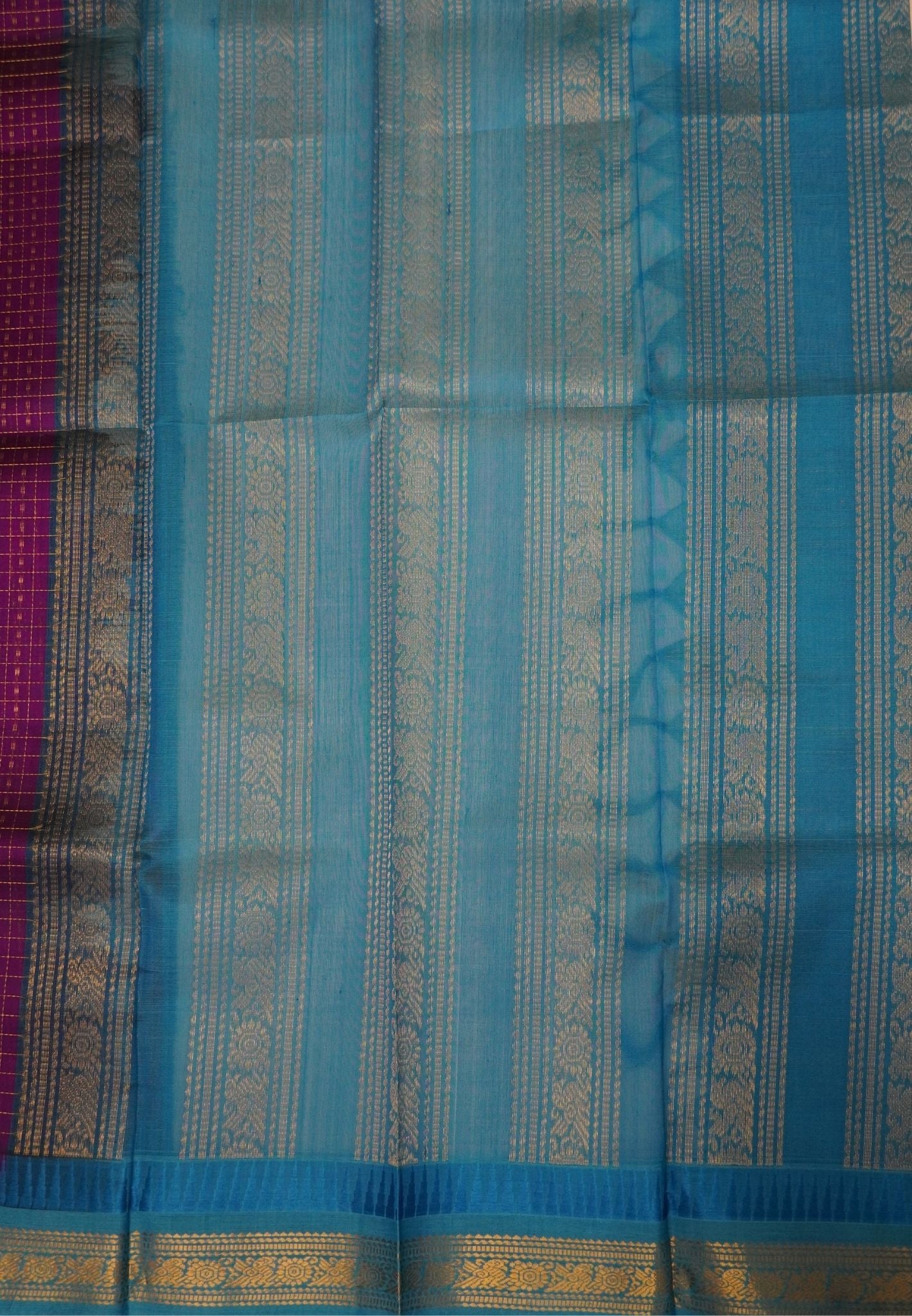 Pure Silk Cotton Saree-Dark Purple in Golden Zari Checks with Contrast Border