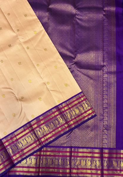 Pure Kanchipuram Silk Saree-Ivory in Peacock Feather Zari with Contrast Border