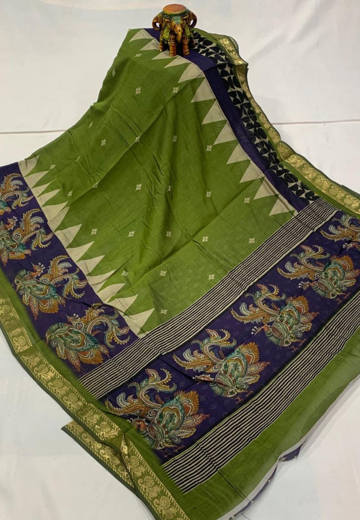 Malai Cotton Saree-Olive Green with Kalamkari Border