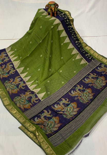 Malai Cotton Saree-Olive Green with Kalamkari Border