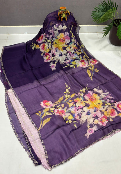 Pure Organza Saree-Dark Purple In Scalloped Scroll Lace Border