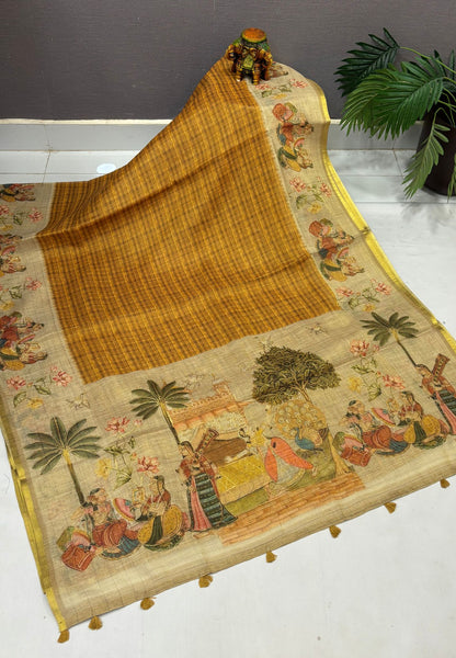 Tissue Linen Saree-Mustard in Traditional Folk Art Printed Border