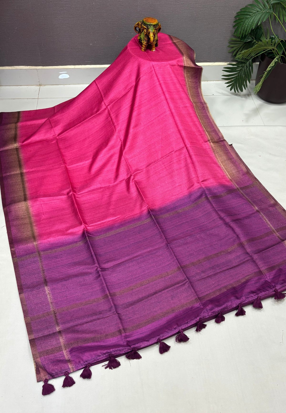 Matka Tussar Saree-Pink in Classic Striped Zari with Contrast Border