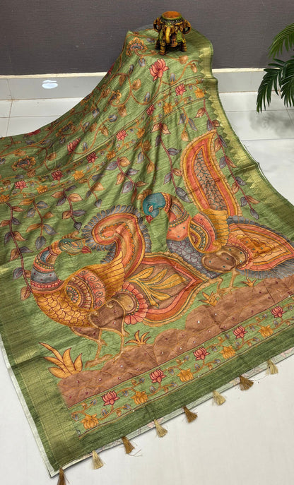 Semi Tussar Saree-Green In Twin Peacock