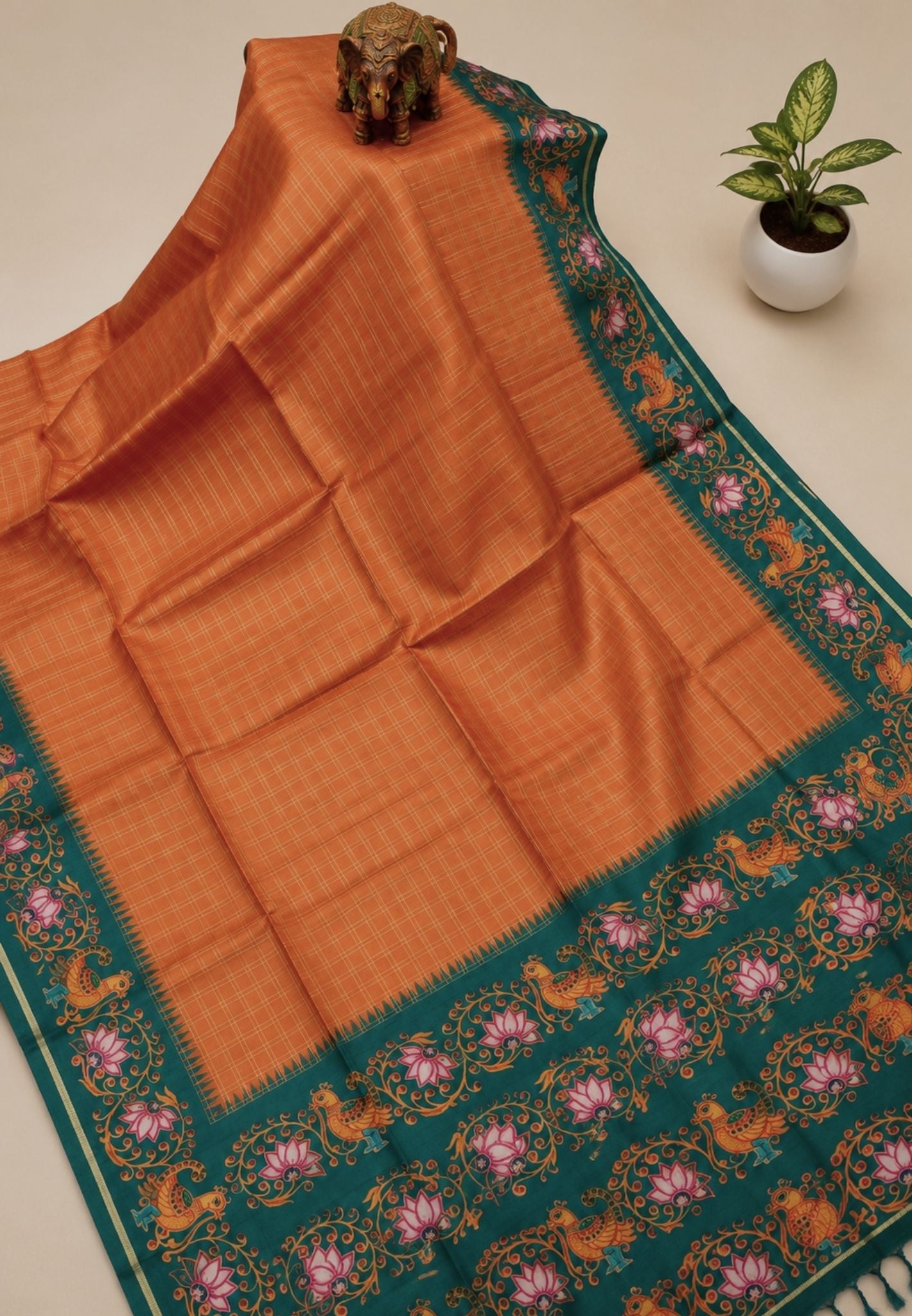 Premium Matka Tussar Saree-Orange with Contrast Border in Tanjore Print