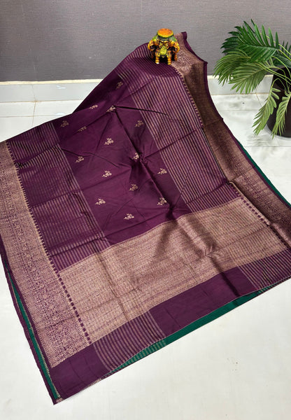 Pure Handloom Tussar Saree-Wine in Traditional Floral Brocade Border