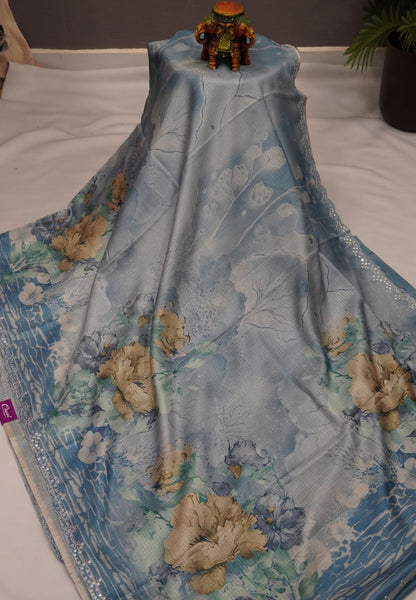Matka Tussar Saree – Blue Floral Print with Scallop Border