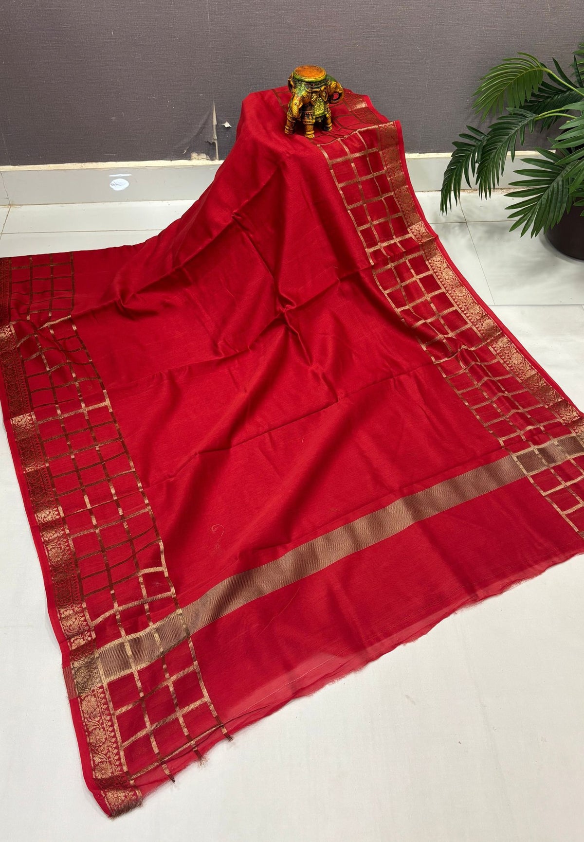 Semi Chinya Silk Saree-Rust Orange In Checkered Zari Border
