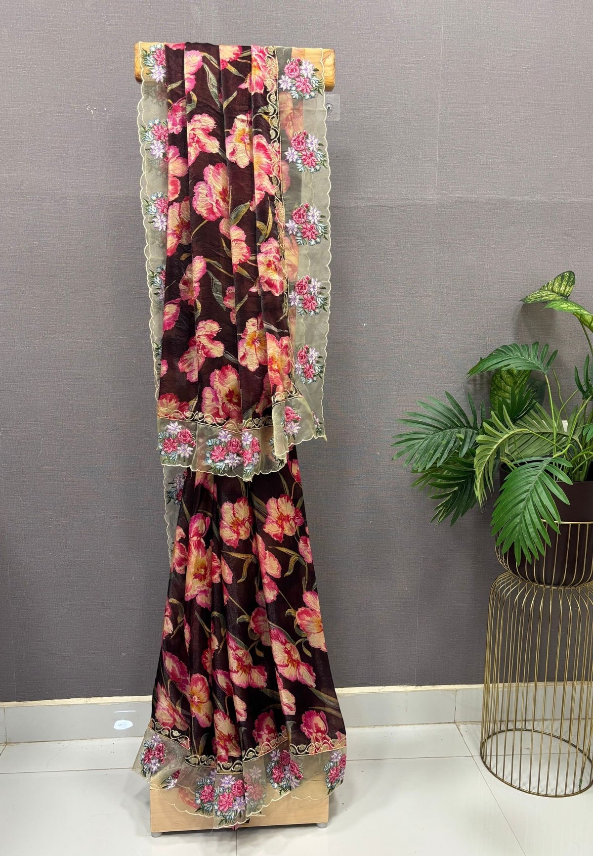 Designer Saree-Brown with Floral Hand Paint