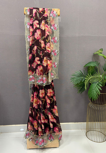 Designer Saree-Brown with Floral Hand Paint