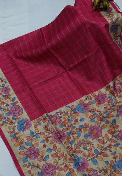Semi Tussar Saree-Dark Pink