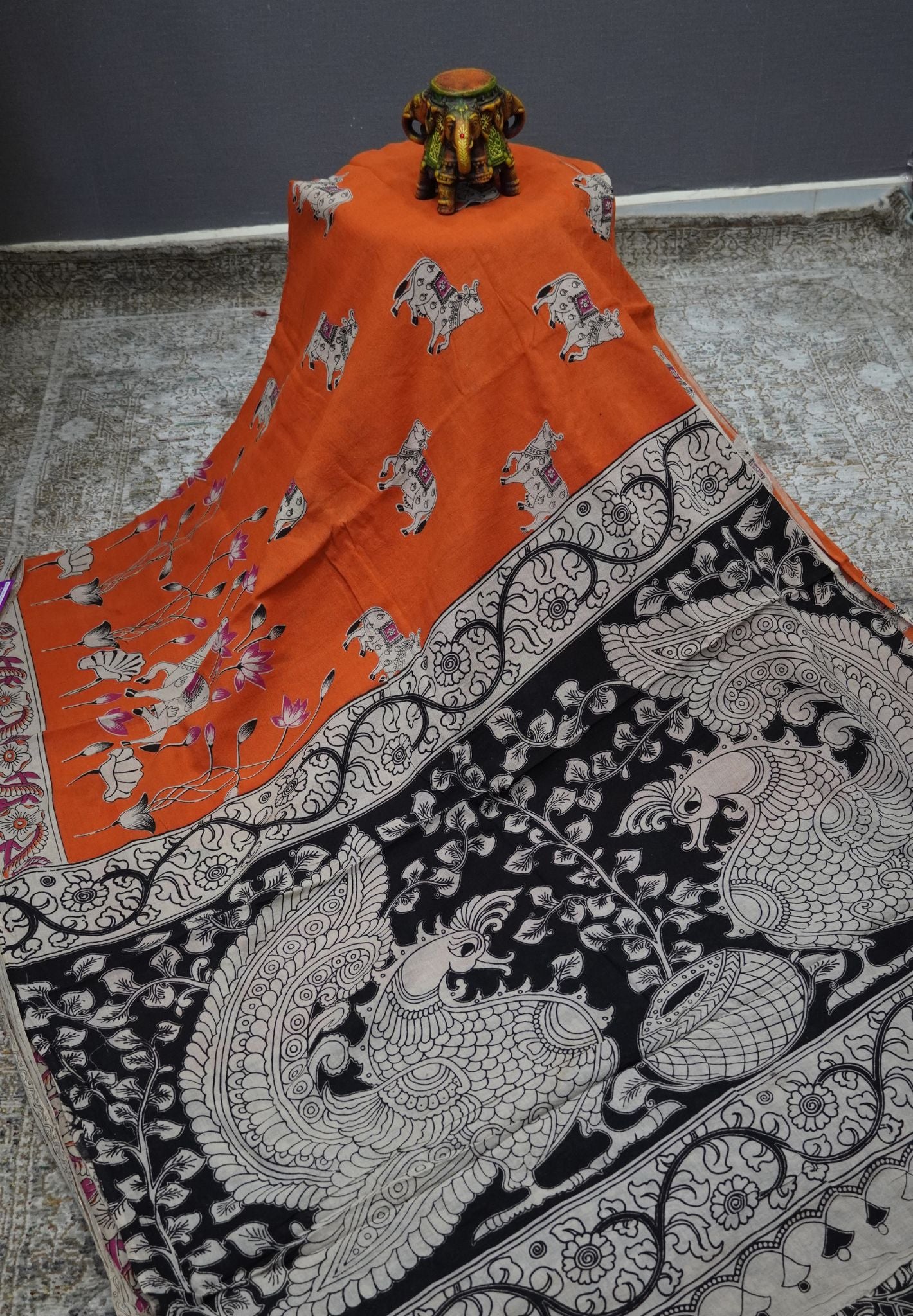 Kalamkari Cotton Saree – Traditional Art Inspired Design – Orange