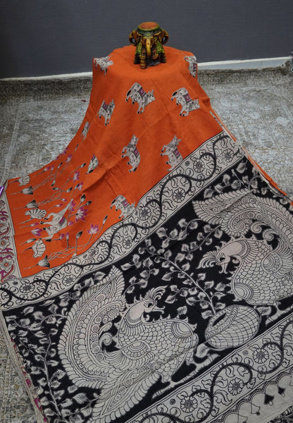 Kalamkari Cotton Saree – Traditional Art Inspired Design – Orange