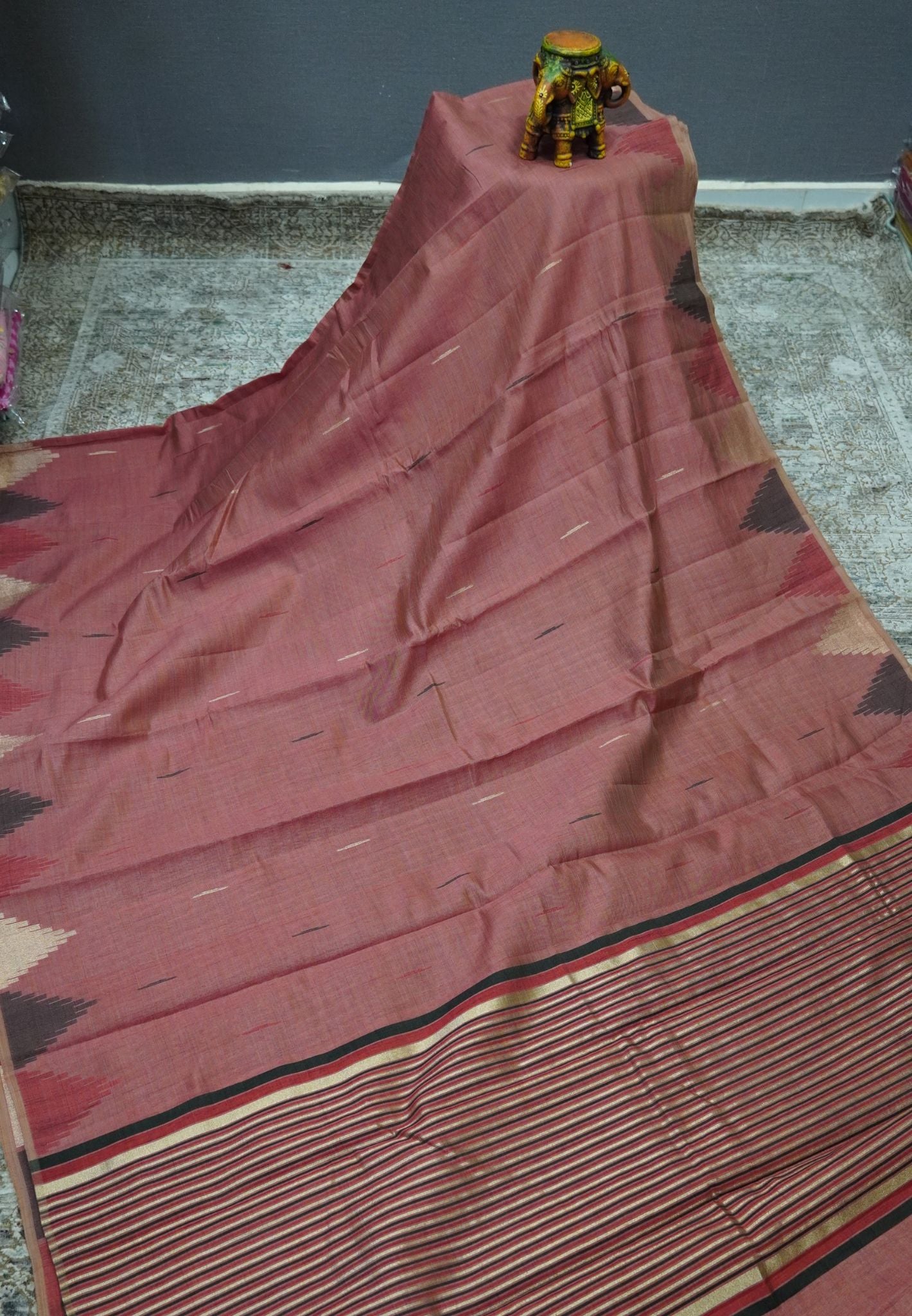 Semi Tussar Saree – Contemporary Temple Border Design – Dusky Brown