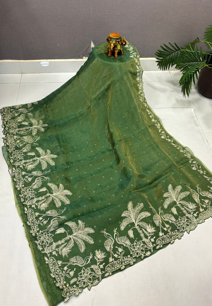 Tissue Organza Saree-Green In Tropical Garden Border