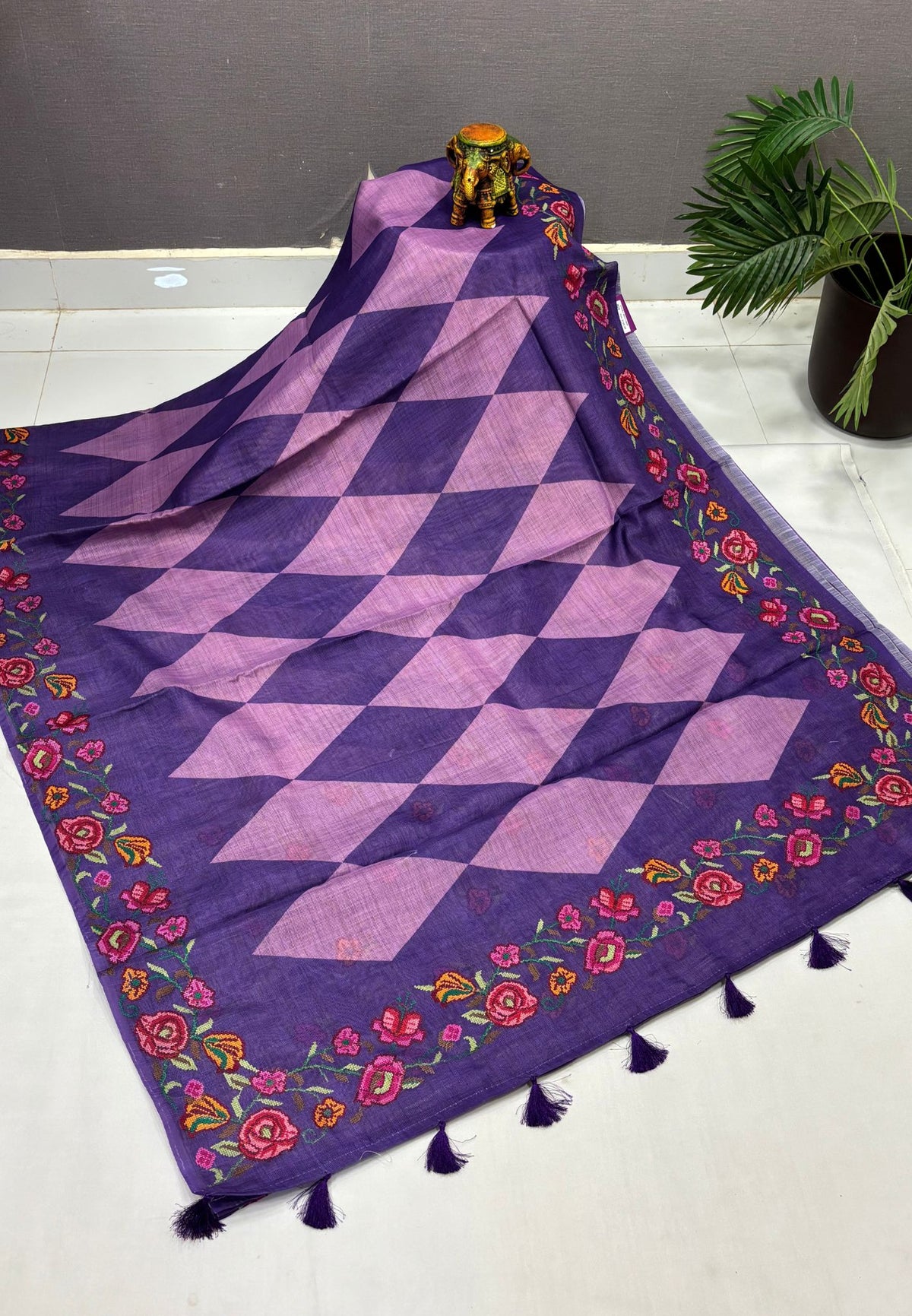 Tissue Linen Saree-Purple In Cross Stitch Floral Border