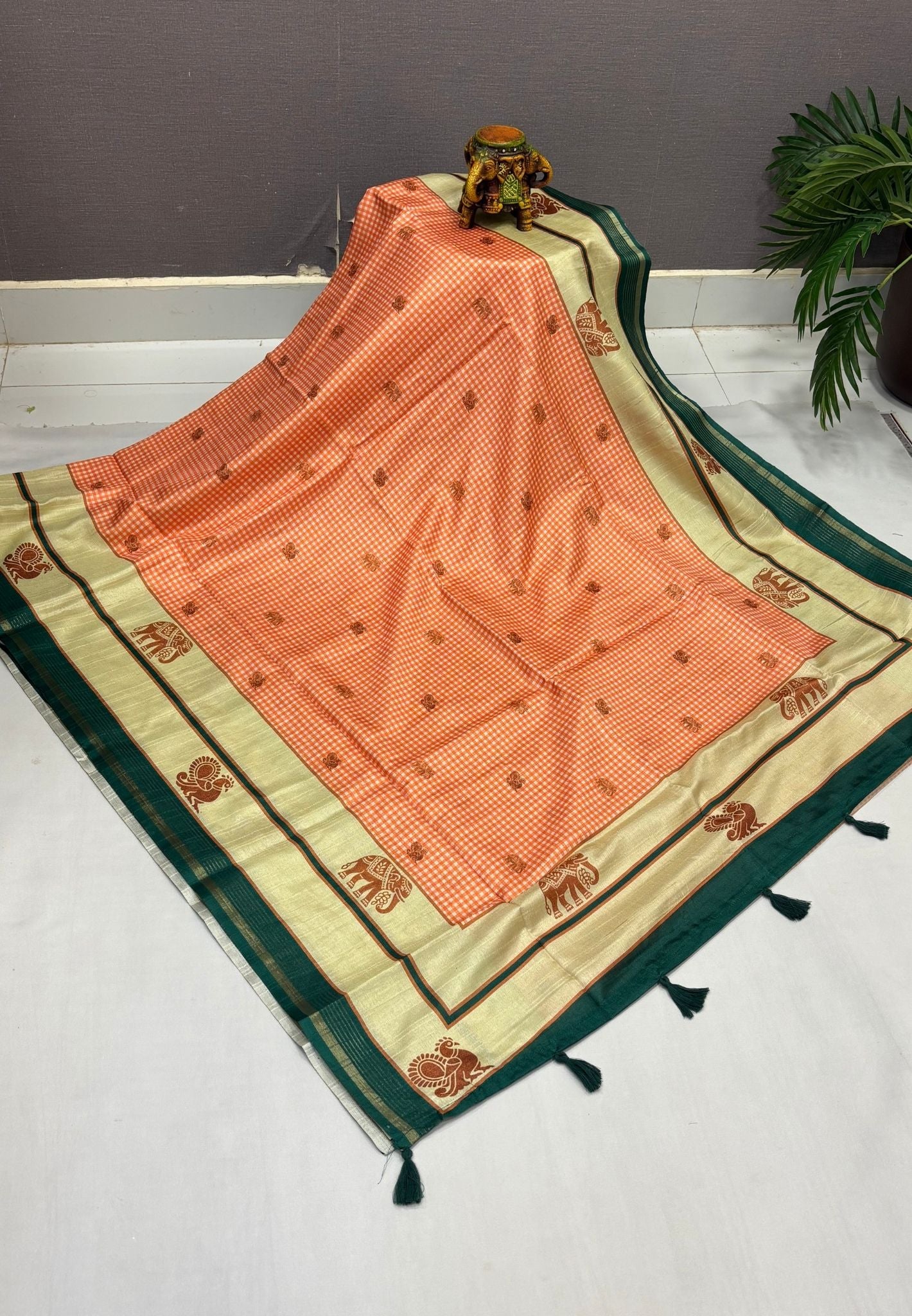 Semi Tussar Saree-Orange with Podi Kattam