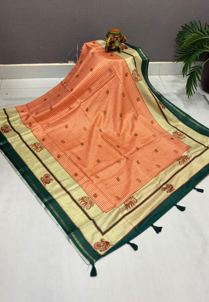 Semi Tussar Saree-Orange with Podi Kattam