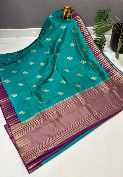 Semi Tussar Saree-Ramar Green in Traditional Striped Zari with Contrast Border